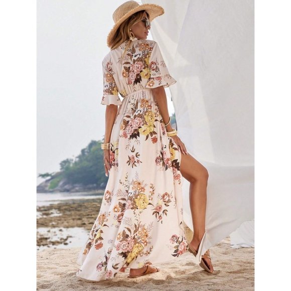 Boho Floral Flounce Sleeve Ruffle Trim Wrap Knot Side Dress - Picture 6 of 7